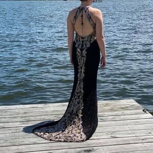 Black and Gold backless Dress for Prom or Wedding